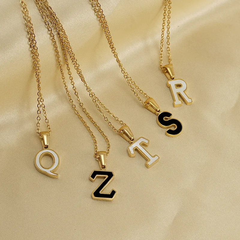 GT Trendy 18 K Stainless Steel White Black Shell Letter Necklace for Women Men Gold Plated Initial 26 Alphabet Pendant Necklace