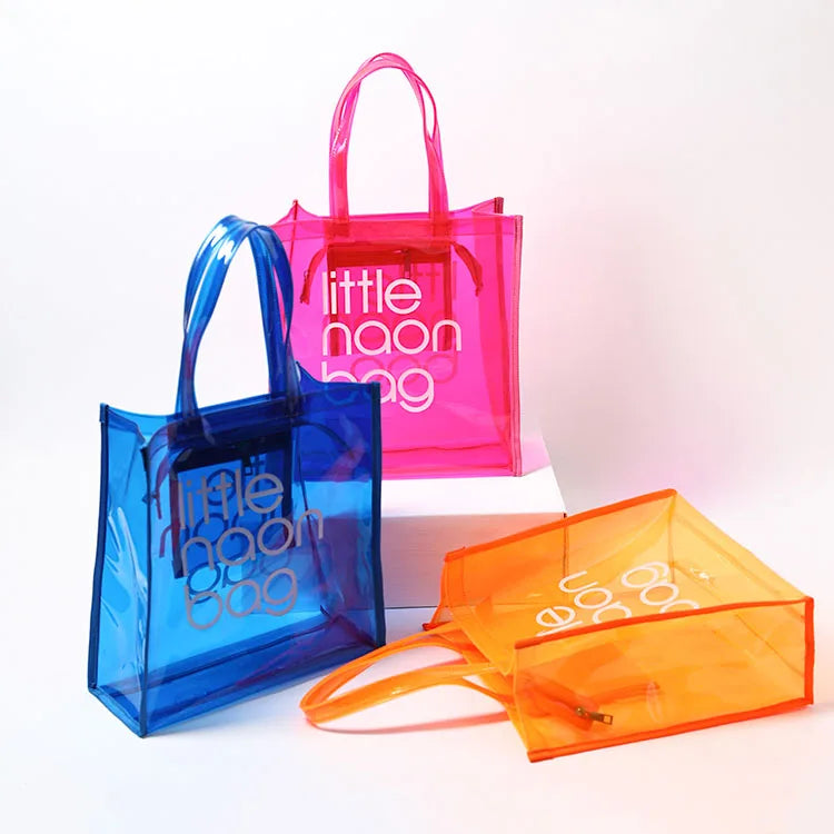 Custom Logo Transparent Candy Color Neon PVC Waterproof Shopping Handbag Clear Zipper Practical Stylish Personalized Handbag