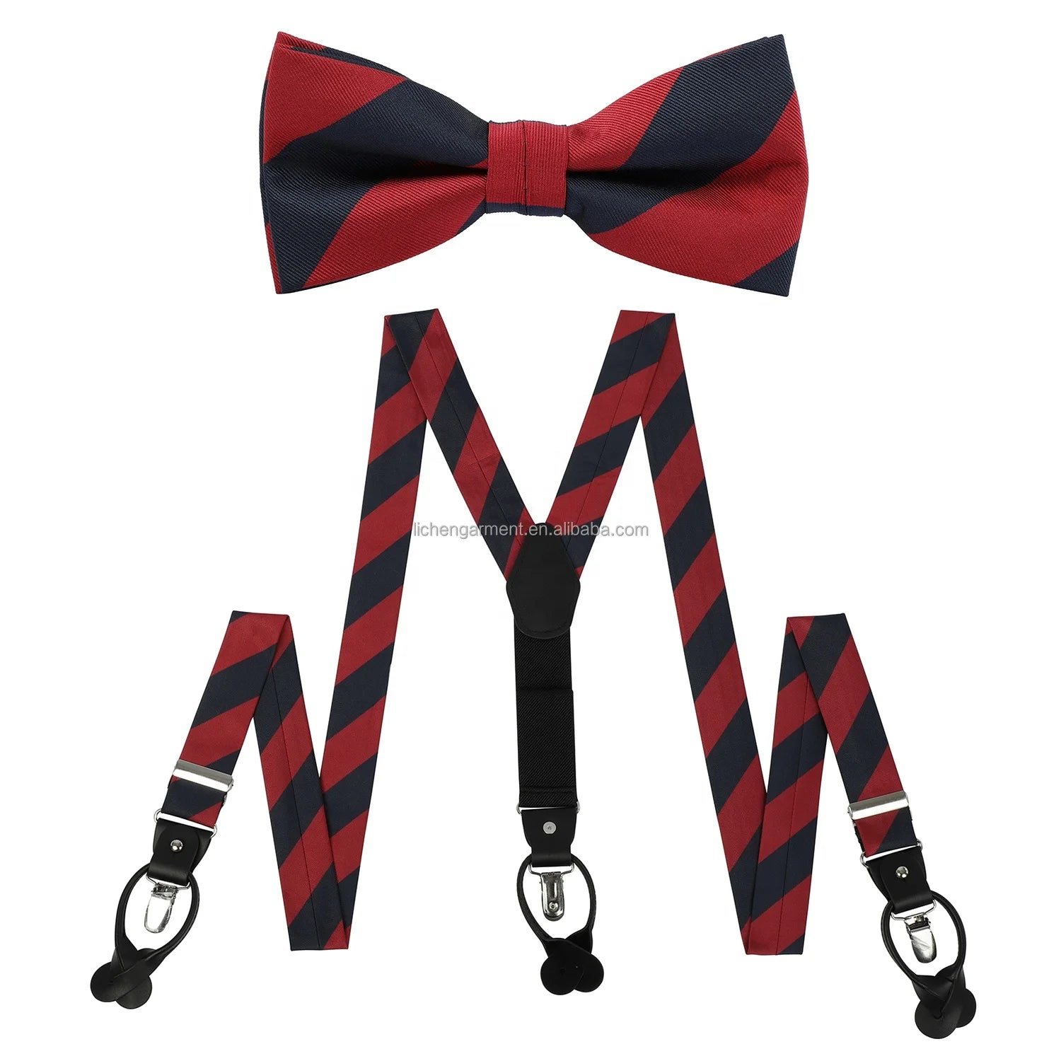 High Quality Printed Microfiber Fabric Suspender BowTie Set Custom Made Stripe Adjustable Elastic Y Back Style PU Leather Metal