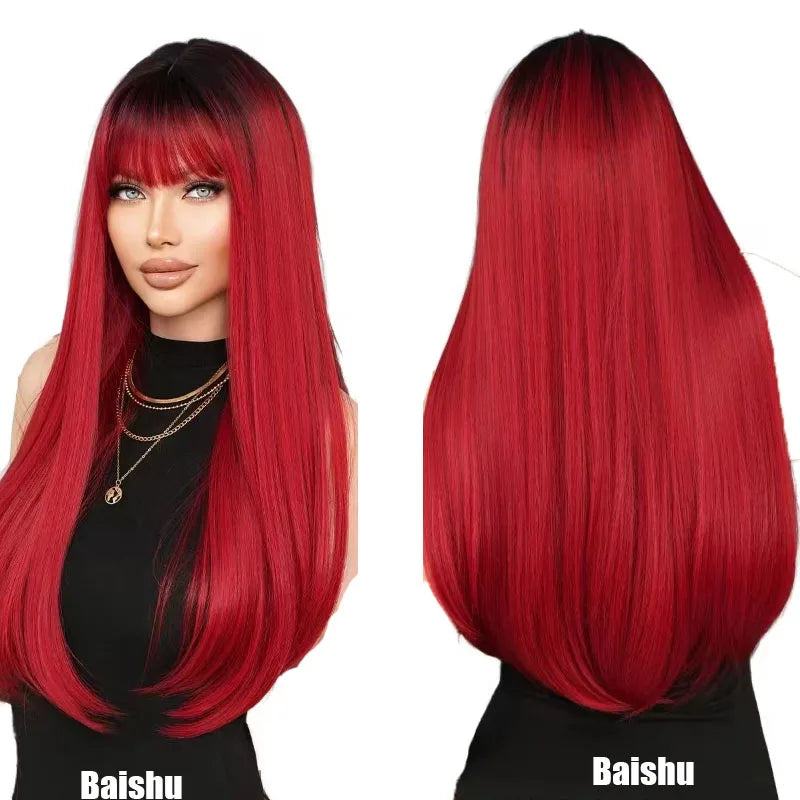 Wholesale Cheap Red Gradient Middle Part Long Straight Hair Wigs Smooth Fluffy and Natural  in Europe America and Africa