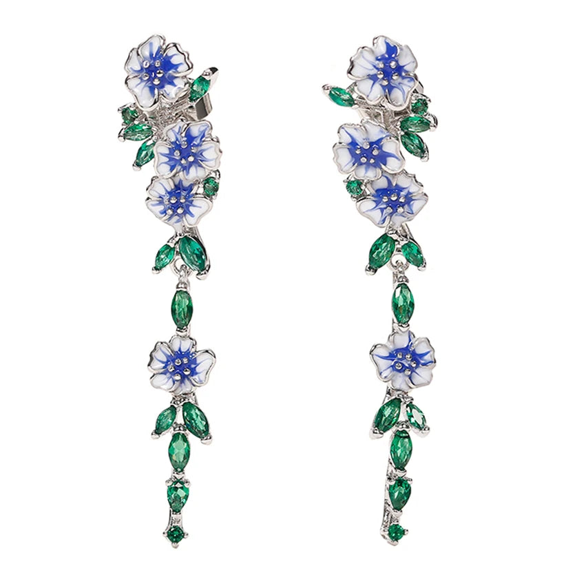 CAOSHI Hot Sale Vintage Enamel Flower Dangle Earrings Women Blue Green Trumpet Flower Long Drop Pendant Earrings