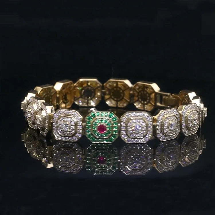 Fine Luxury Women's Bracelet Trendy Moissanite Emerald Ruby Set in Solid 9K Yellow Gold Gold Plated for Anniversaries