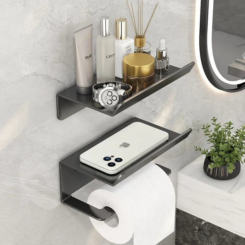 Stainless Steel Single Tier Bathroom & Kitchen Paper Organizer Rack with Mobile Phone Holder Wall Mounted Storage