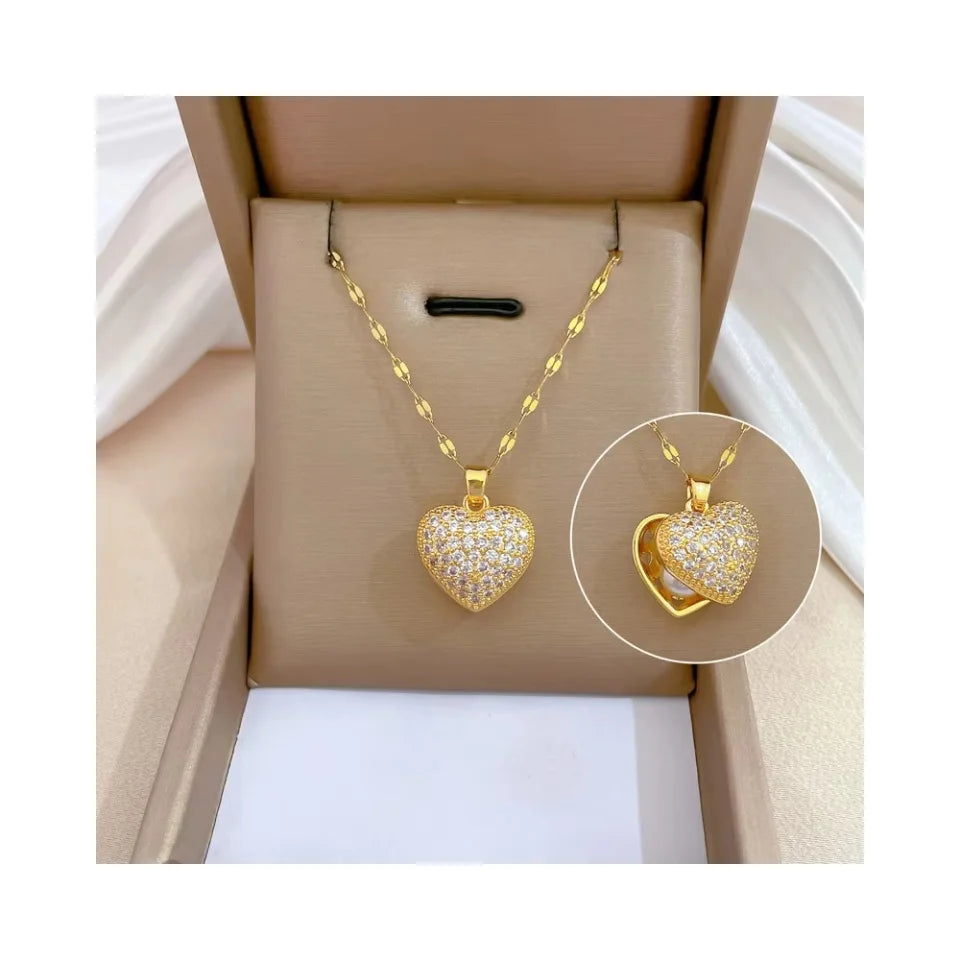 Can Opening Pearl 18k Gold Plated Love Heart Shaped Pendant Necklace Jewelry Wholesale Stainless Steel Zircon Heart Necklace