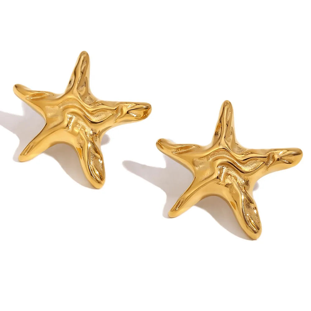 Summer Stainless Steel Waterproof PVD Gold Plated Texture Statement Earrings Irregular Starfish Stud Earrings for Women