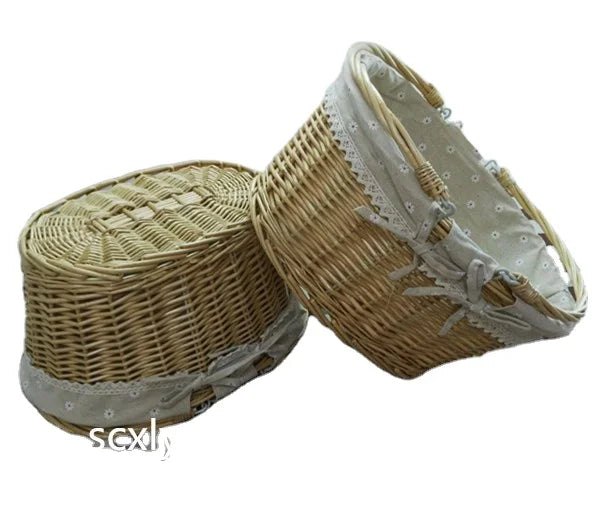 Natural Handmade Wicker Basket with Double Handle Oval Gift Basket with Fabric Liner Basket