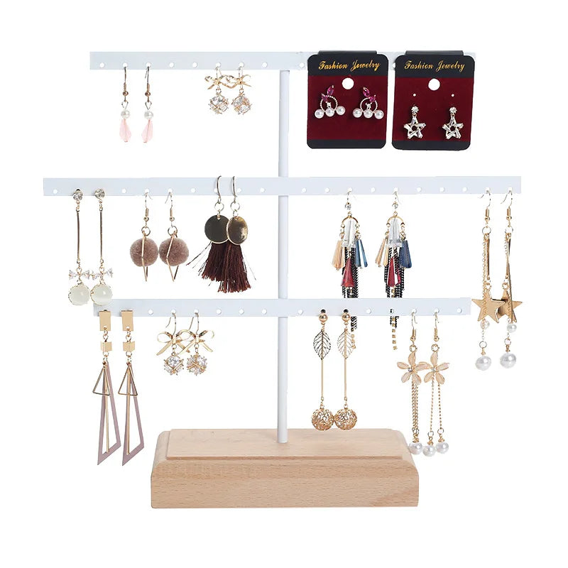 Creative 52 Holes Earring Display Holder Metal 3 Layers Jewelry Storage Organizer Wood Base Stand