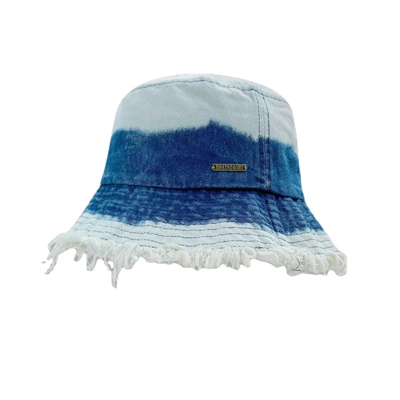 Distressed Denim Bucket Hat Washed Denim Hat Windproof Outdoor Raw Edges Bucket Hat Wide Brim Fisherman Cap Support Custom