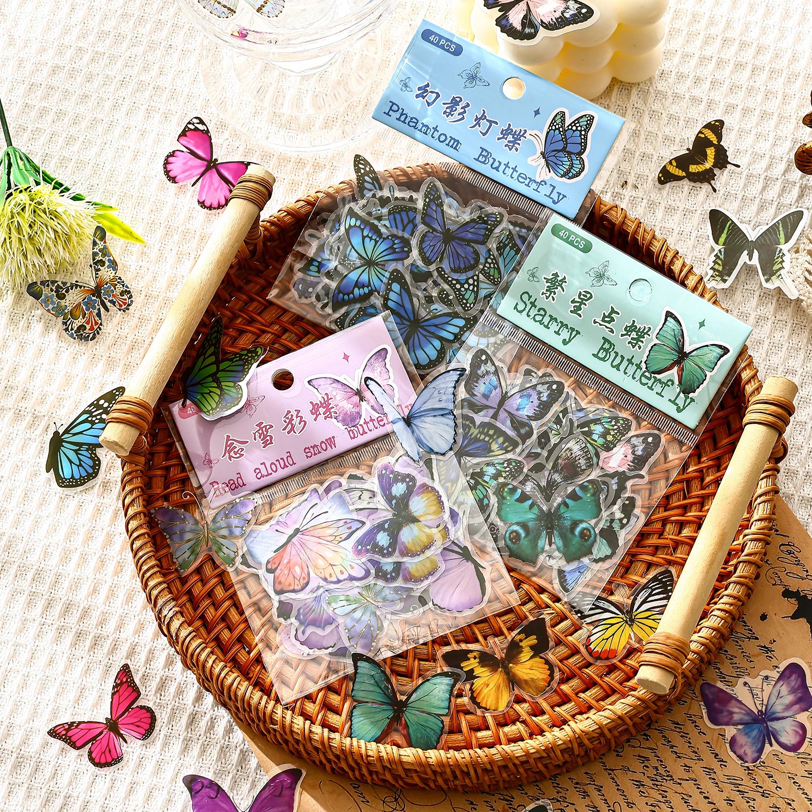 40pcs Colorful Butterfly Transparent Sticker Kids Custom Waterproof PVC Decorative Cartoon Graffiti Wall PET Stickers for Phone