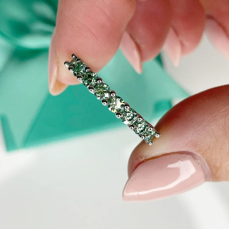 Luster Unique yet Simple 925 Sterling Silver Half Style Green Blue Color Round Moissanite Band Ring