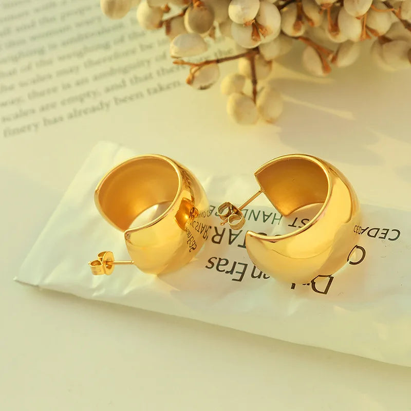 Minimalist C Shape Earrings Waterproof Non Tarnish Stainless Steel Chunky Hoop Earrings