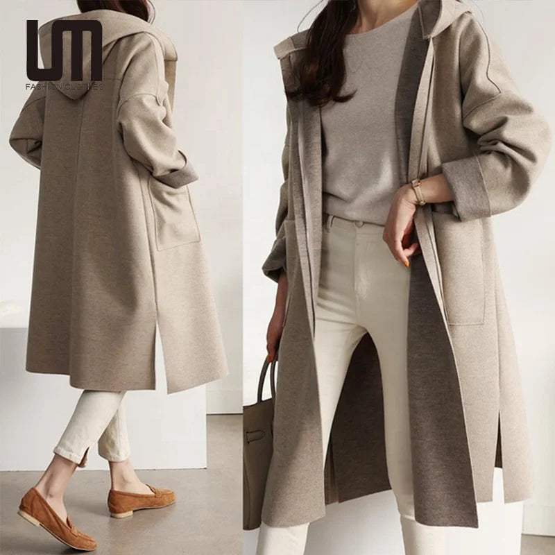 Liu Ming Fashion Latest Products Autumn Winter Korean Women Hooded Loose Long Sleeve Windbreaker Woolen Coats