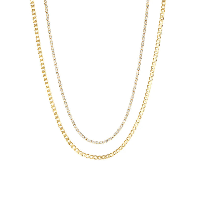 Gemnel Fashion Jewelry Gold Plated Tennis Curb Double Layered Chain Choker Women Necklace Set