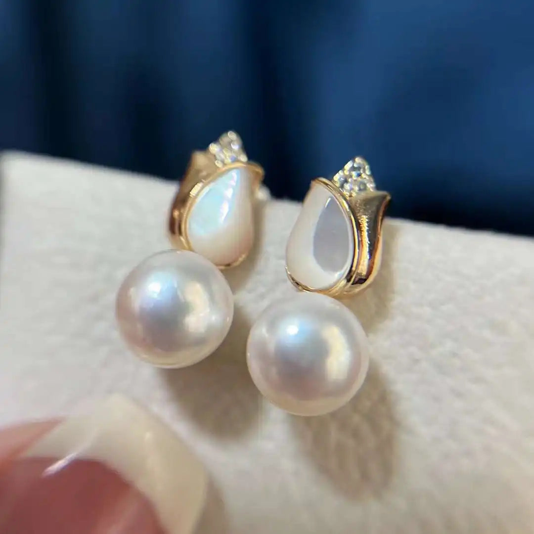 Trendy S925 Silver Freshwater Bread Pearl 925 Natural 7-8MM Earrings with Tulip Inlaid Seashells and Needles Button Style