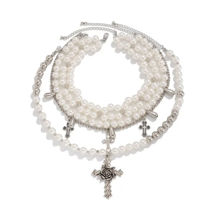 Fashion Multi-Layered Pearl Cross Flower Pendant Necklace Clavicle Chain for Women Jewelry Accessories Set