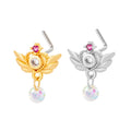 HENGSEN 18K Gold Plated Stainless Steel L Stick Nose Piercing Jewelry Wing Zircon Dangle Nose Stud for Women Party HSPJ650-4-L