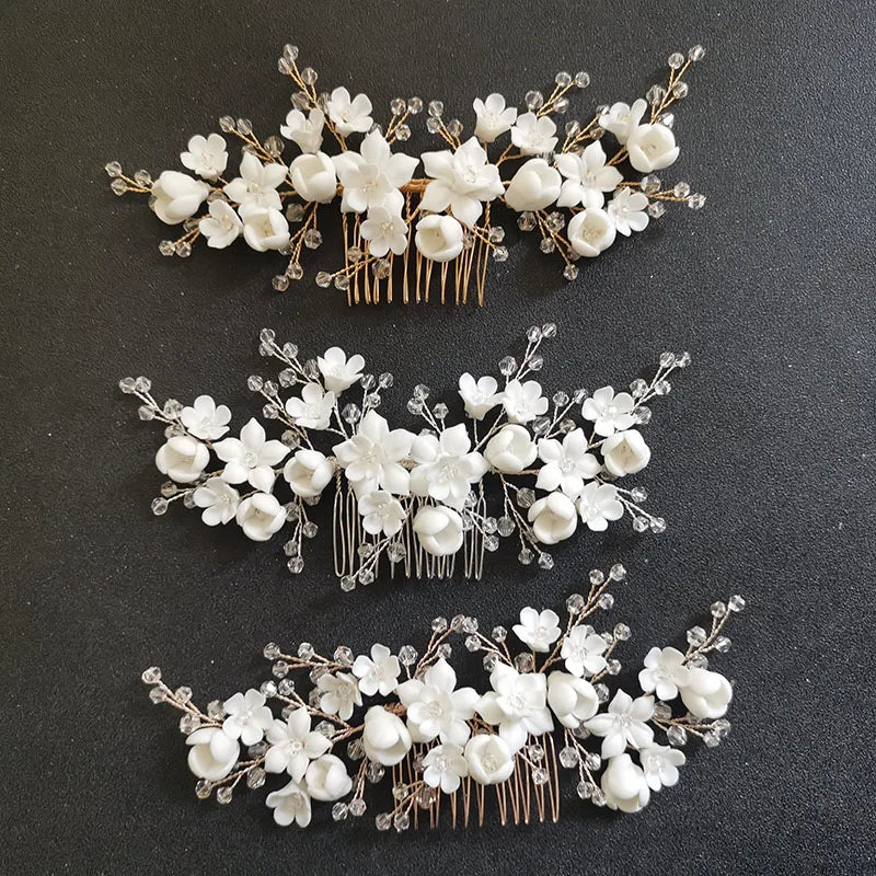 SLBRIDAL Handmade Crystal Rhinestone Pearls Ceramic Flower Bridal Hair Comb Wedding Hair Accessories Bridesmaids Women Jewelry