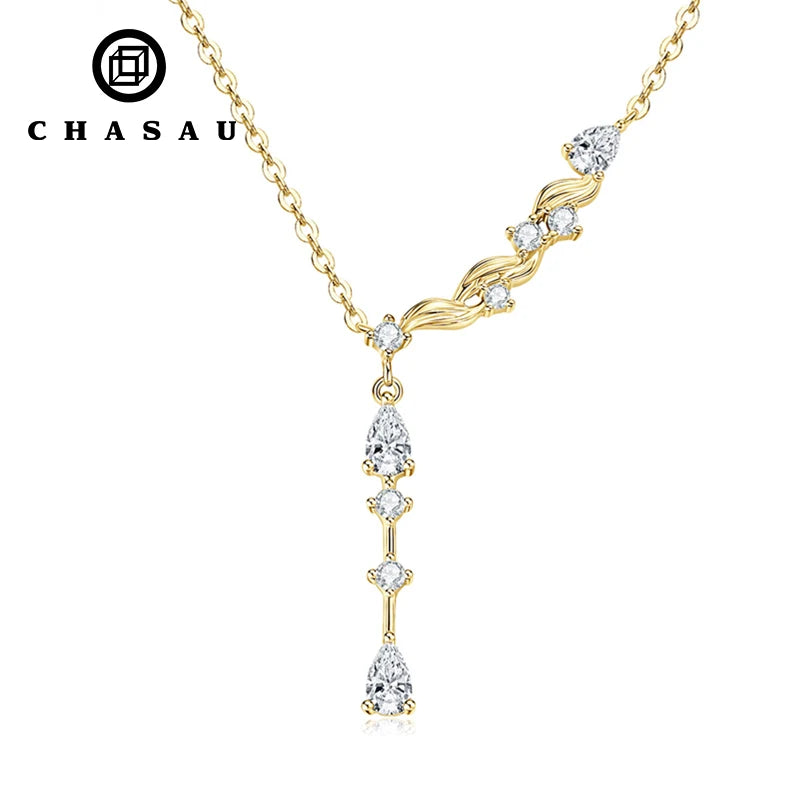 Pear Shaped Cut Personalization Woman 14K Gold Filled Asymmetrical Design Wave Pendant Necklace with Moissanite Link Chain