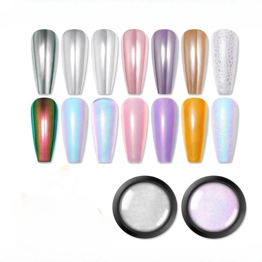 Chrome Powder Metallic Mirror Auroras Mermaid Pearl Pigment Powder Manicure Nail Art Decoration Sets 2 Boxes