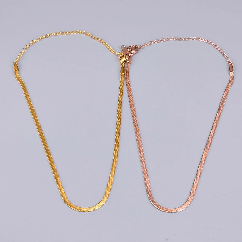 Hot Sale Women Fashion Herringbone Stainless Steel Gold Plated Rose Gold Flat Choker Chain Snake Necklace