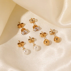 Minimalist Hypoallergenic Gold Plated Mini Ball Pearl Earrings Non Tarnish Stainless Steel Cubic Zirconia Earrings Pendientes