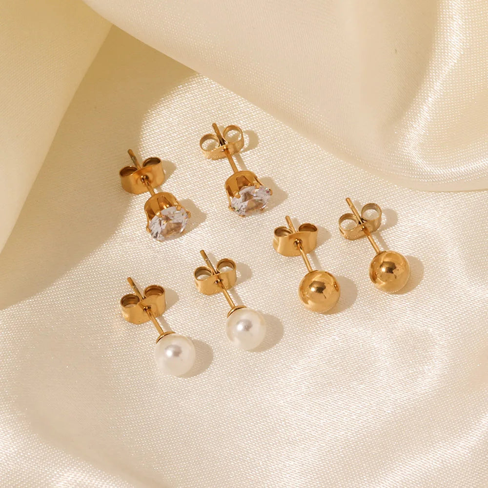 Minimalist Hypoallergenic Gold Plated Mini Ball Pearl Earrings Non Tarnish Stainless Steel Cubic Zirconia Earrings Pendientes