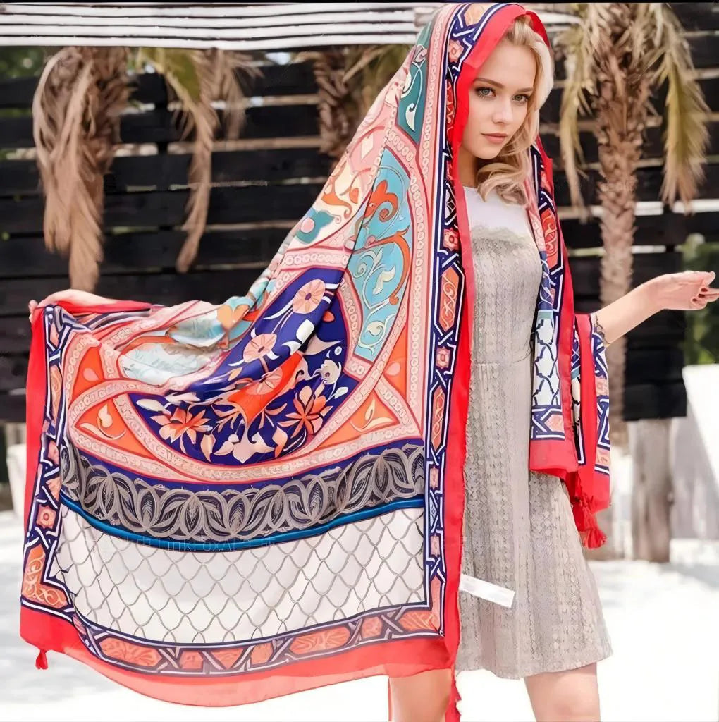 200C Ethnic Style Cotton Linen Shawl Fashion Holiday Resort Scarf Pareo Beach Sarong Dot Leaf Pattern Wholesale for Spring