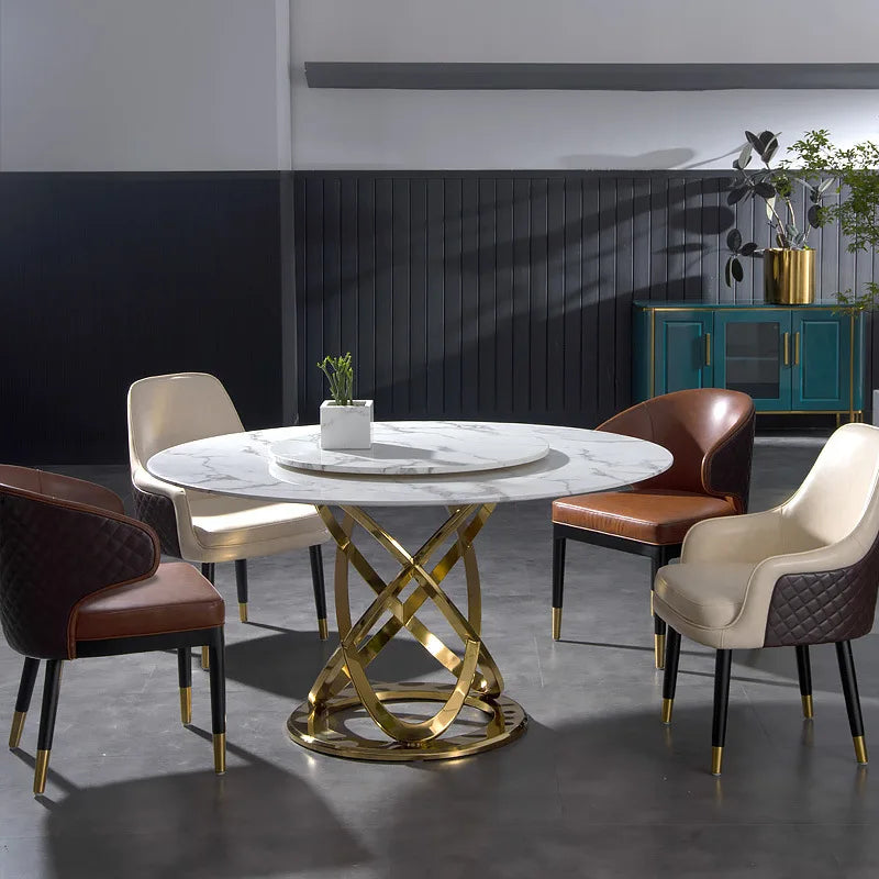 Luxury Italian Designs Rock Plate Sintered Stone Marble Rotating Center Round Dining Table Set