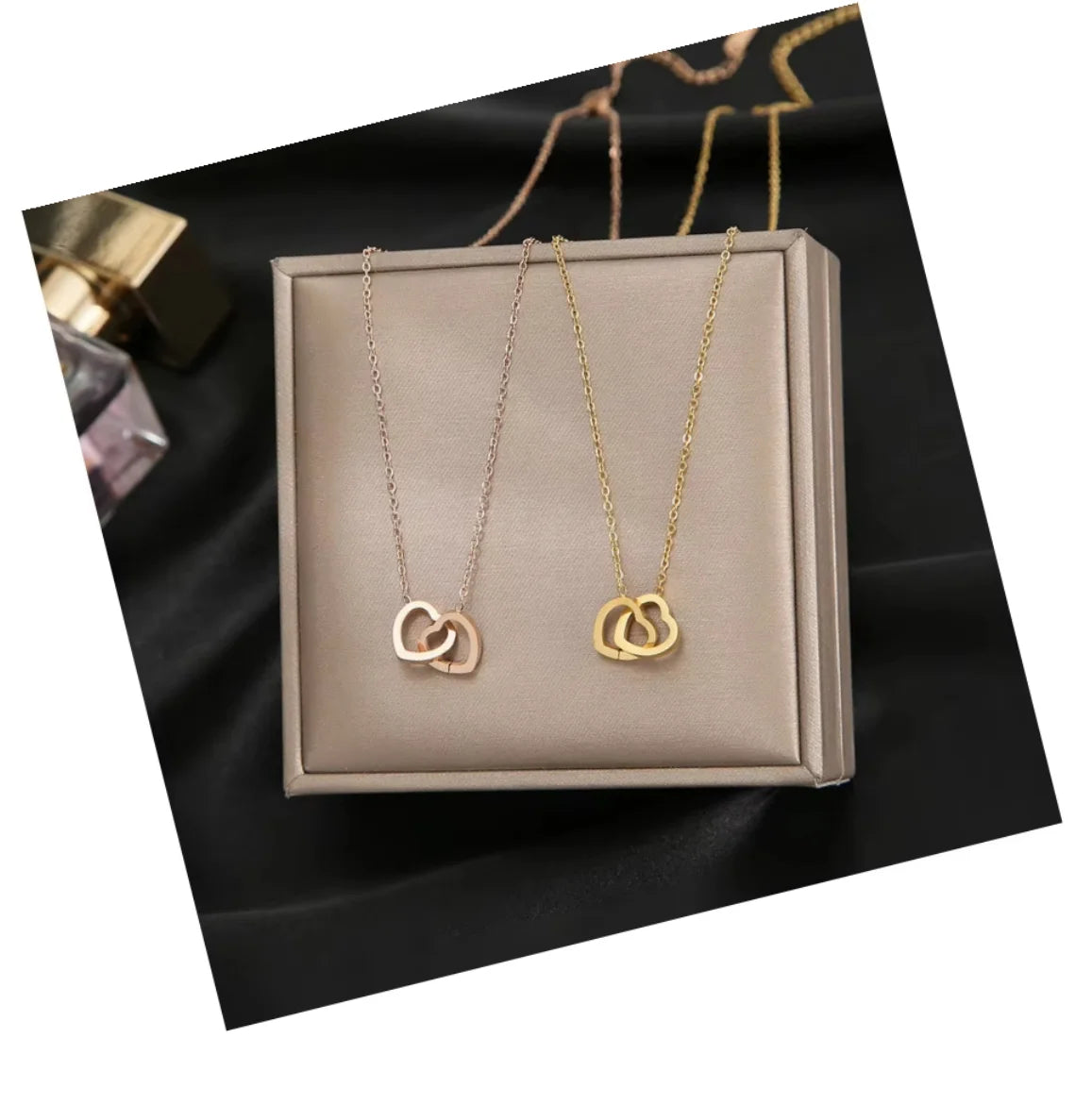 DAIHE High Polish 316L Stainless Steel Double Heart Necklace for Girls Valentine's Day Gift Titanium Steel Interlock Heart Neckl