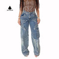 Green Dimple Custom Wash Denim Distressed Appliqued Women's Jeans Vintage Faded Lady Baggy Jeans Women's Pants