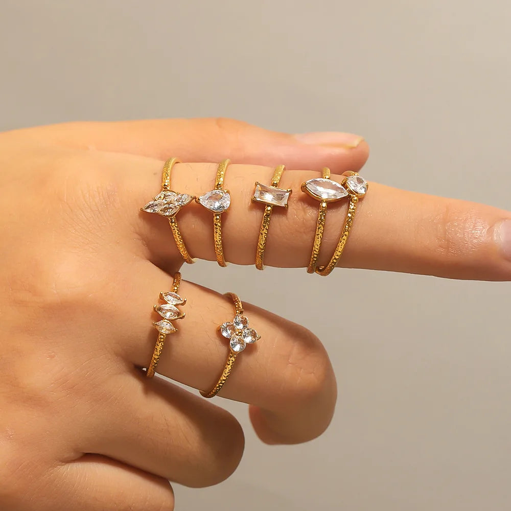 Anillo De Compromiso Stainless Steel 18k Gold Plated Zircon Diamonds Teardrop Heart Clover Geometric Ring Jewelry for Women