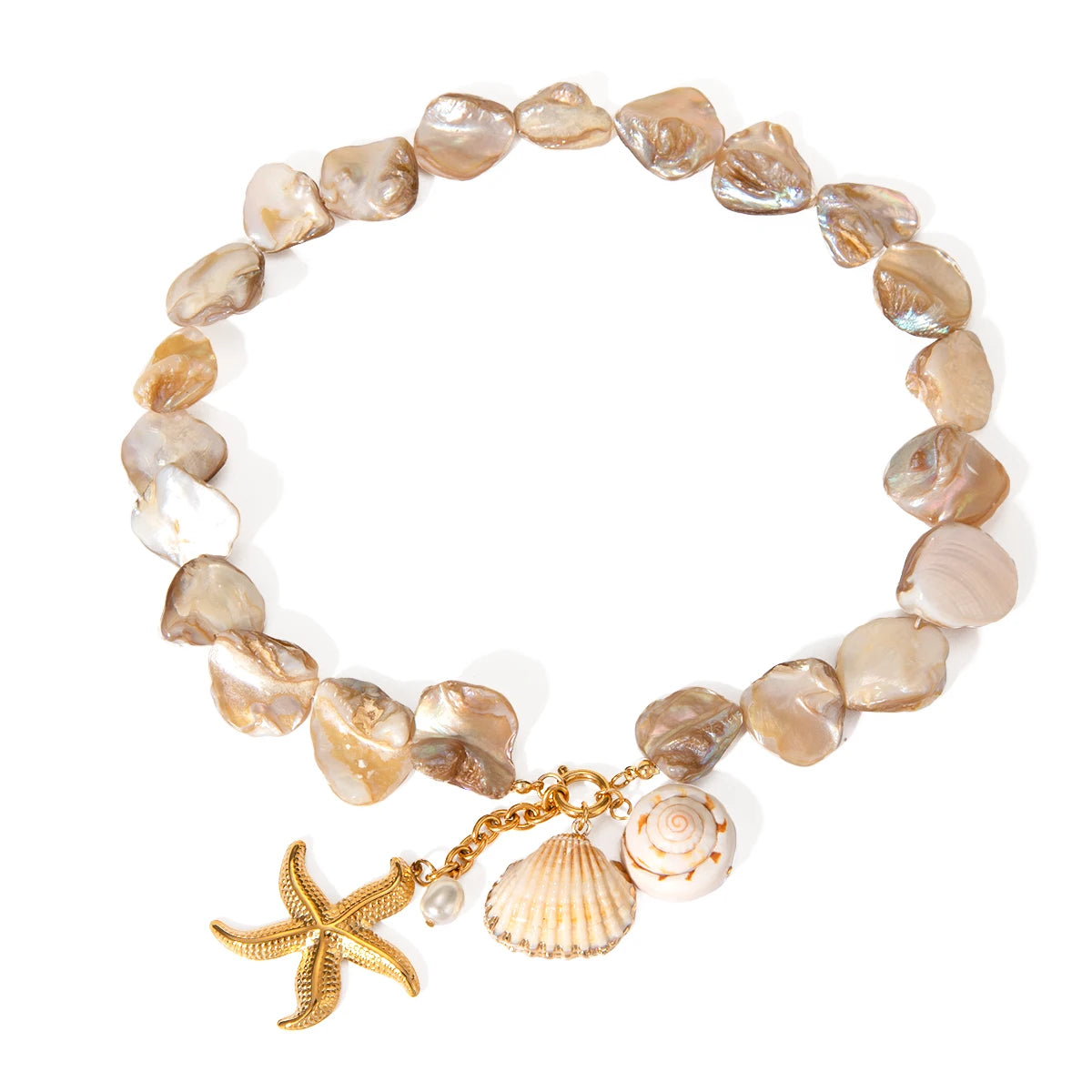 New Trendy Ocean Series 18K PVD Gold Plated Stainless Steel Pearl Starfish Shell Choker Necklace for Women MegaBDM