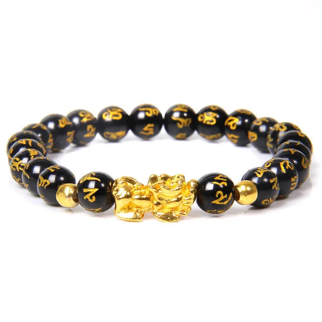 Women Men Wealth Pixiu Feng Shui Bracelet Six Word Mantra Obsidian Beads Animal Lucky Bracelet
