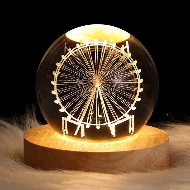 Creative Romantic Glowing Night Light 3D Solar System Crystal Ball Night Light with Wood Base