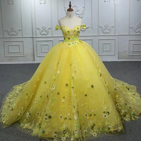 Jancember 1151 Yellow Sequins Off Shoulder Lace Evening Party Quinceanera Dresses