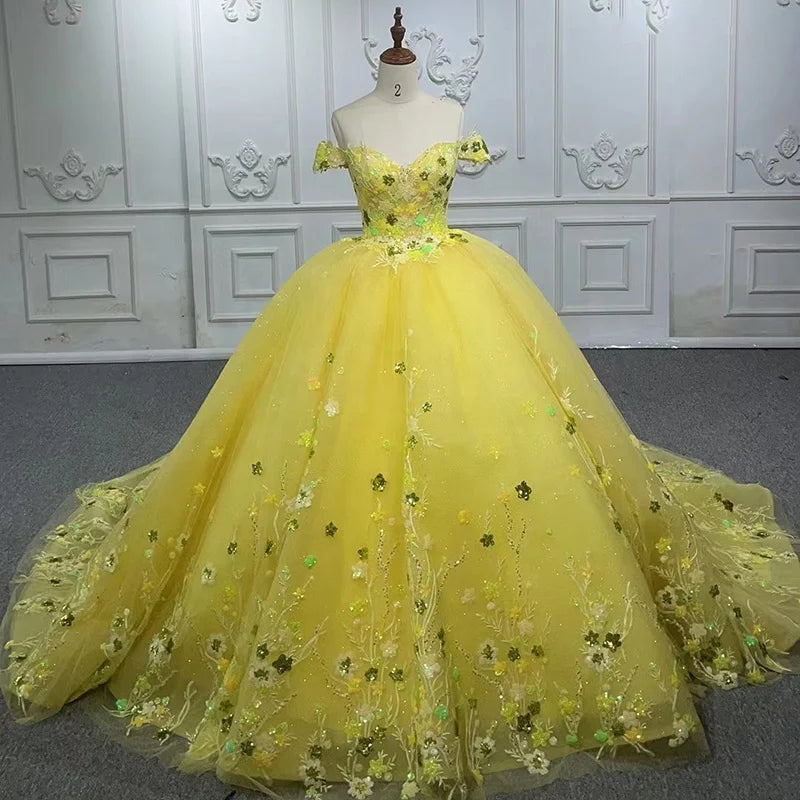 Jancember 1151 Yellow Sequins Off Shoulder Lace Evening Party Quinceanera Dresses