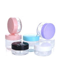 Round Cosmetic Plastic PS Jar 3g 5g 10g 20g Custom Small Size Transparent Cream Skincare Packaging With Blue Pink Purple Lids