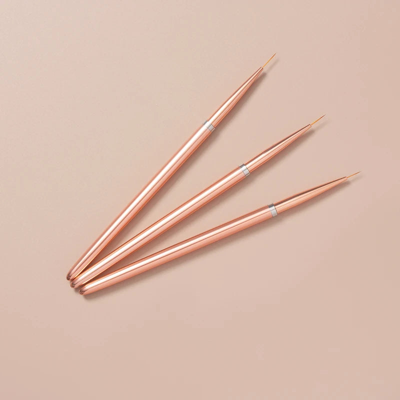 ODM OEM Luxury Professional Nail Art Brush Set 3-Piece Rose Gold Metal Handle Nylon Hair Liner Multifunctional Customizable