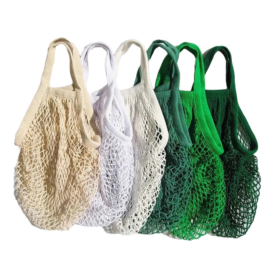Colorful Crochet 100% Cotton Mesh Net Reusable French Grocery Tote 30x30cm GOTS Certified Short Handle Letter Pattern 12oz