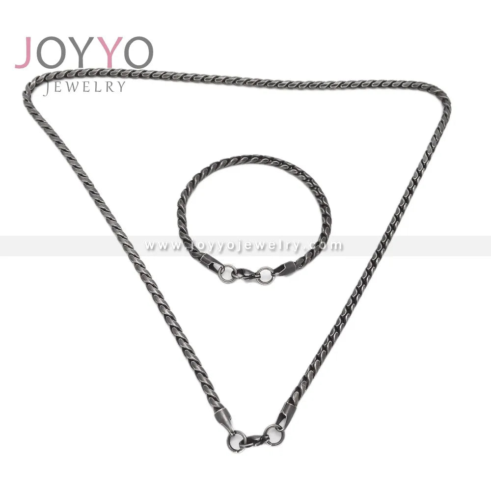 Vintage Silver Mens Jewelry Set Stainless Steel Metal Color Alloy Fashion Bracelet & Necklace Set