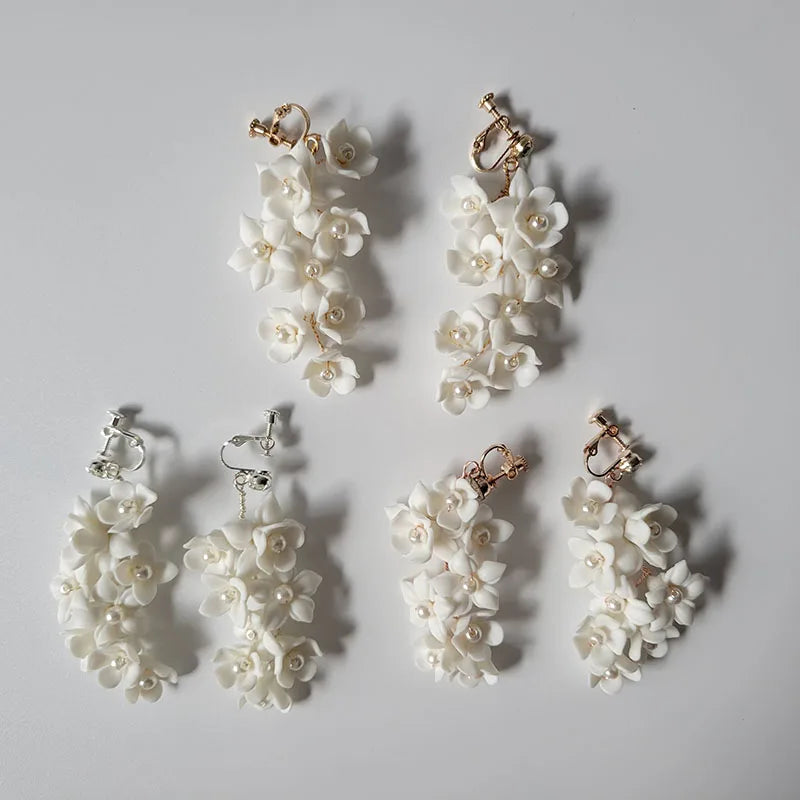 SLBRIDAL Handmade Rhinestones Crystals Pearl Ceram Flower Bridal Dangle Earring Wedding Chandelier Earring Fashion Women Jewelry