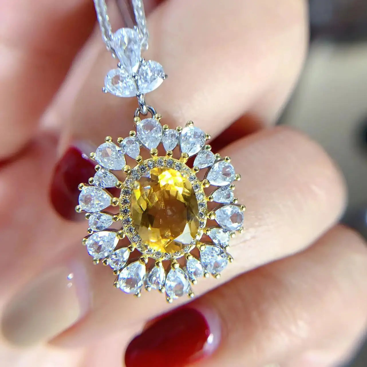 Factory Supply 925 Sterling Silver 8mm*10mm Oval Cut Butterfly Natural Citrine Sun Pendant Necklace Gold Plating Charm Pendants