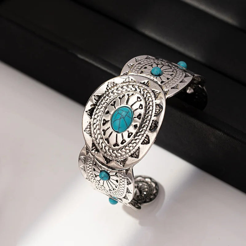 Western Concho Stamped Cuff Bracelet - 5.6cm/2.2inch Western Navajo Semi Precious Stone Bangle Bracelet for Women Best Seller