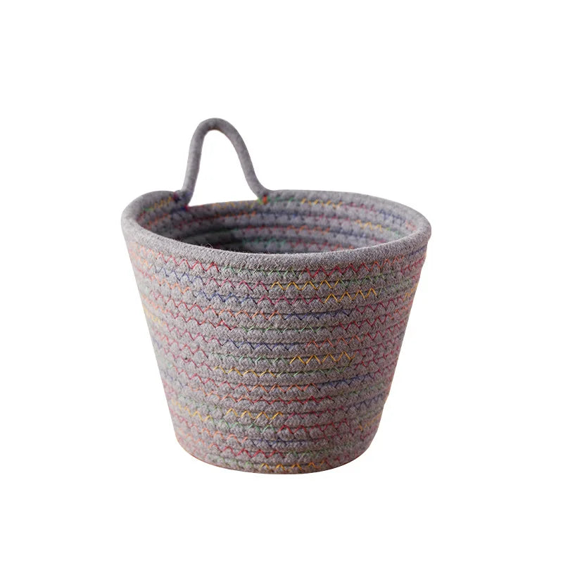 Handmade Fabric Storage Basket with Cotton Rope Hanging Woven Organizer Eco-Friendly Sustainable Foldable Shallow Basket
