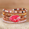 Handmade Boho Pink Natural Stone Charm 5 Rows Leather Beads Wrap Bracelet Crystal Statement Yoga Bracelet Gems Jewelry Wholesale