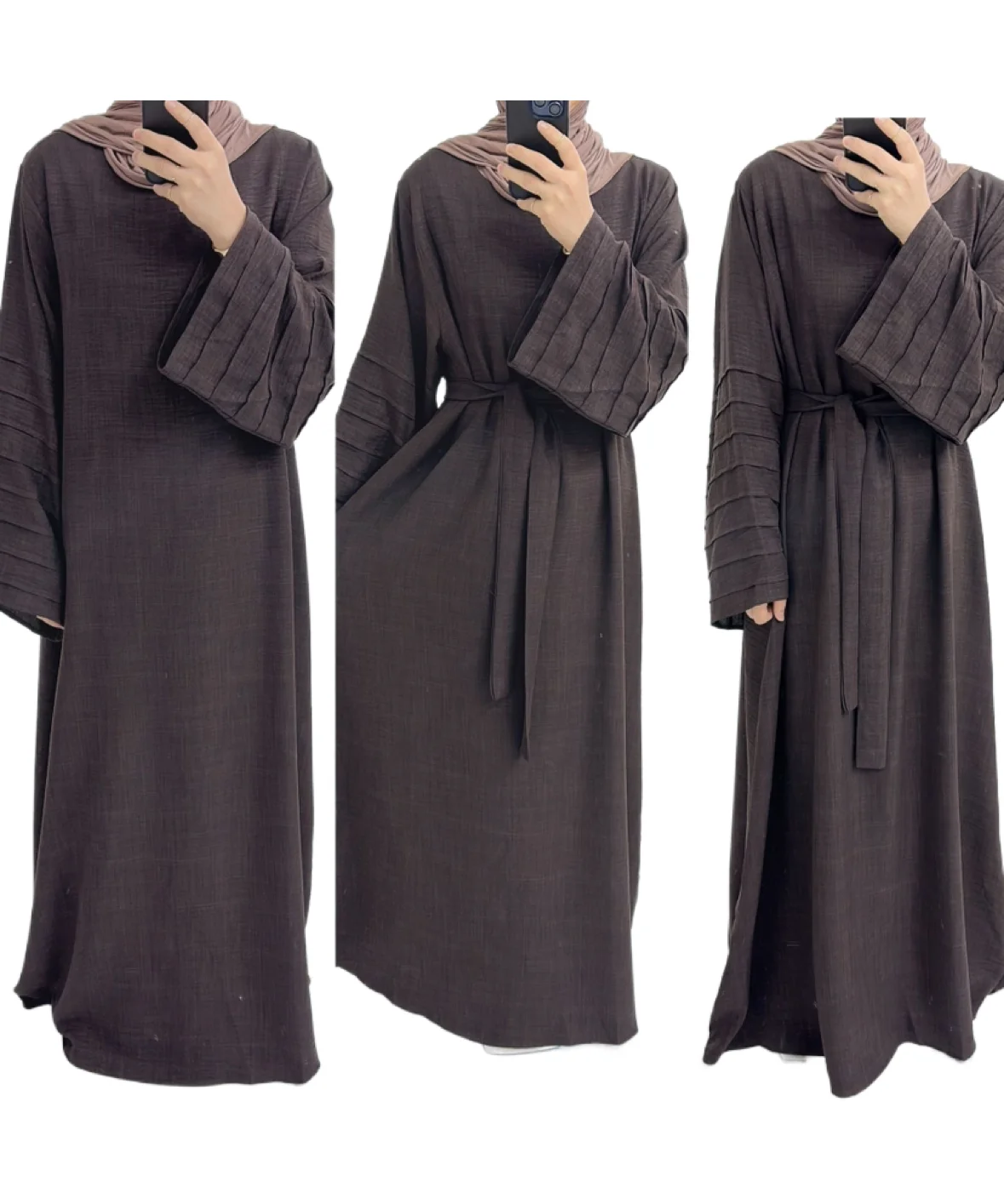 Modest Muslim Abaya Dress With Wrinkle Sleeve Solid Color Robe for Women L0136