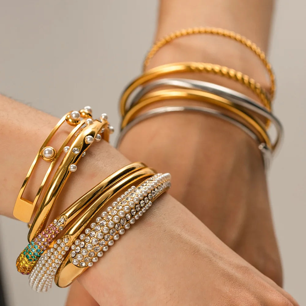 Stainless Steel Luxury18K Gold Plate Pearl Bracelet High Polished Rope Bracelet Zircon Diamond Women Fine Bracelet