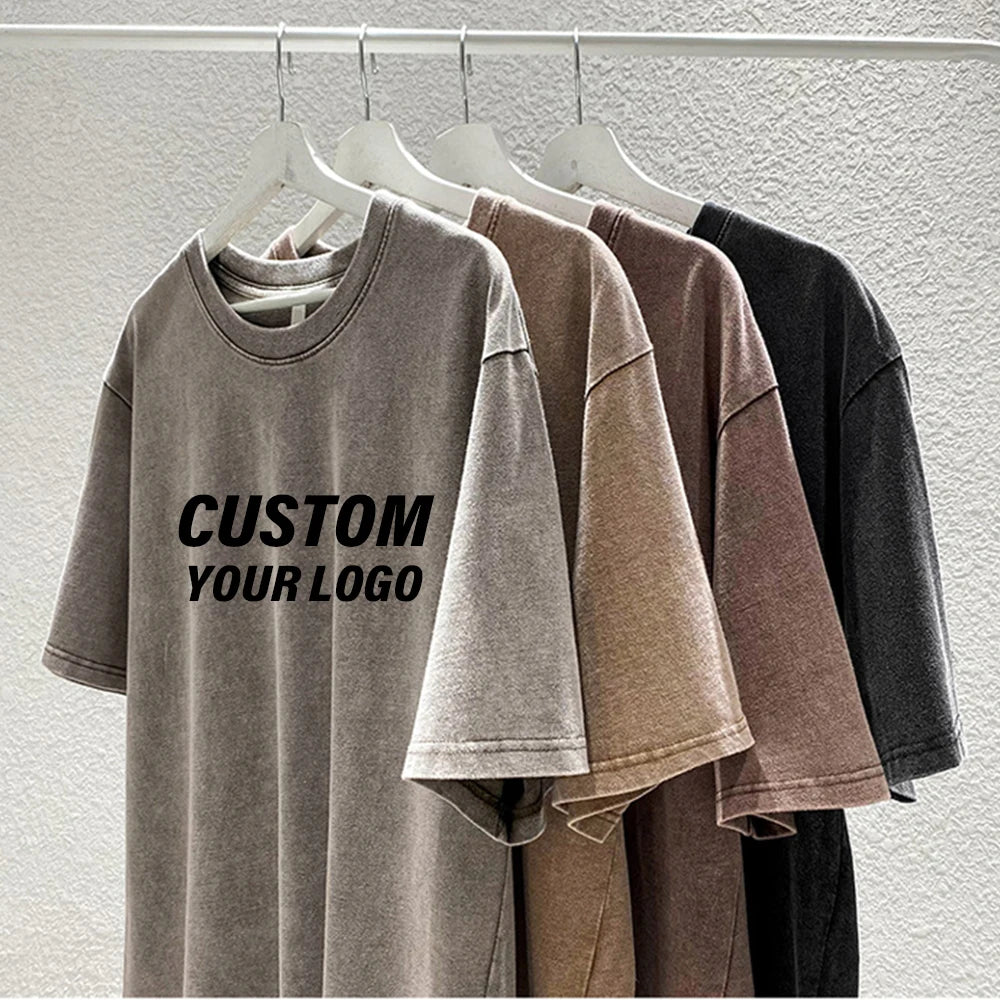 Wholesale Custom Unisex Oversized Heavy Weight Knitted Print Acid Wash Vintage Drop Shoulder T-Shirt