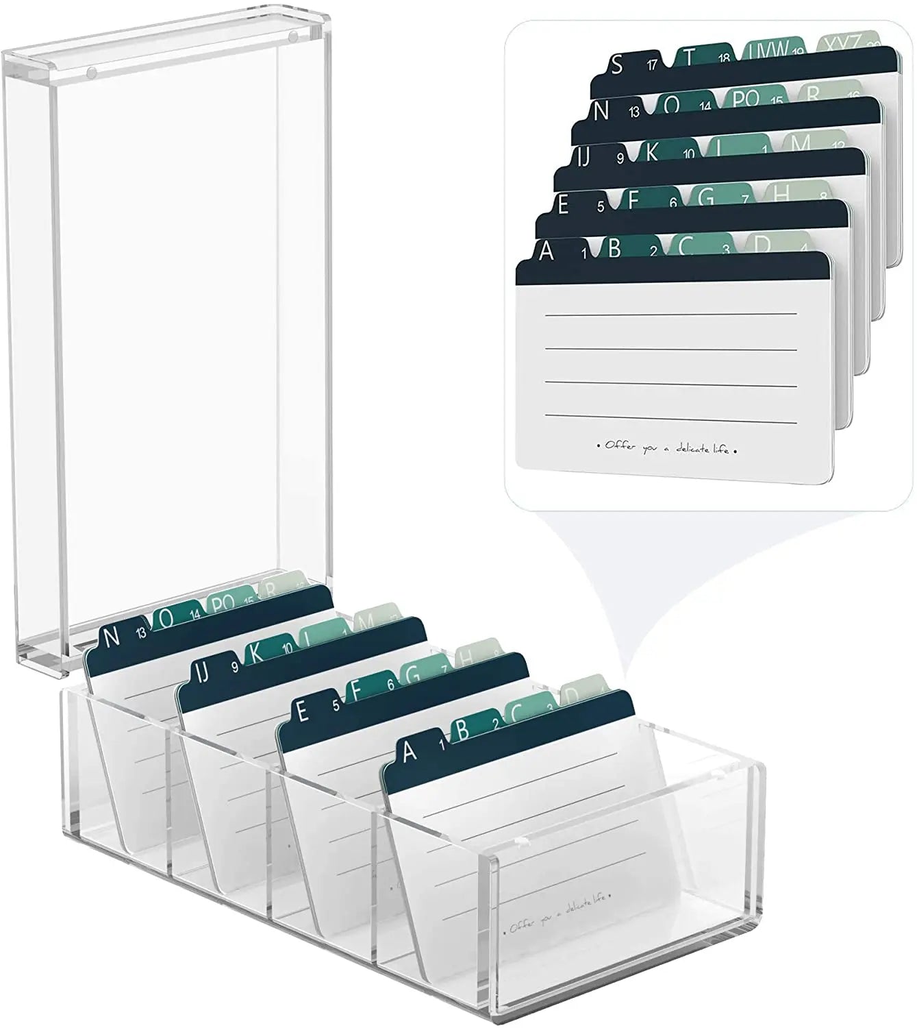 Acrylic Clear Business Card Holder  Index Cards Organizer Box 4 Dividers File Note Holders for Index Cards 10*5.6*4 Inches