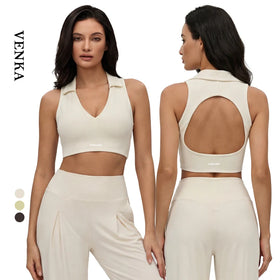 Women Summer High Strength Breathable Eco-Friendly Fitness Halter Neck Tank Top Quick-dry Running Nude Turn-down Collar Yoga